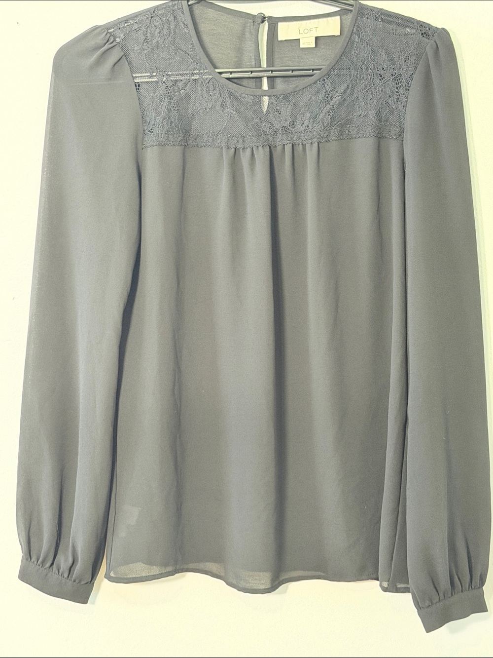 LOFT Black Lace Yoke Long Sleeve Blouse Size XS